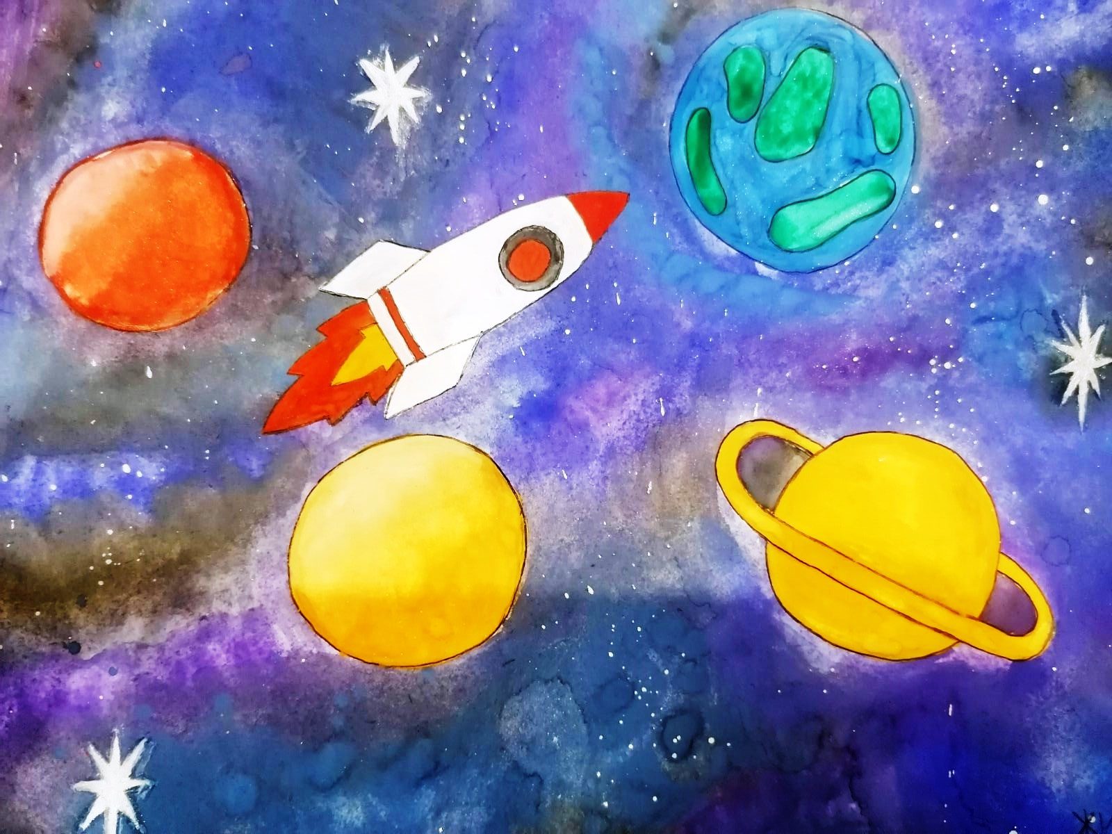 Космос для детей 2 лет. Рисунок на тему космос. Рисунок ко Дню космонавтики. Рисунок код Дню космонавтики. Детские рисунки ко Дню космонавтики.